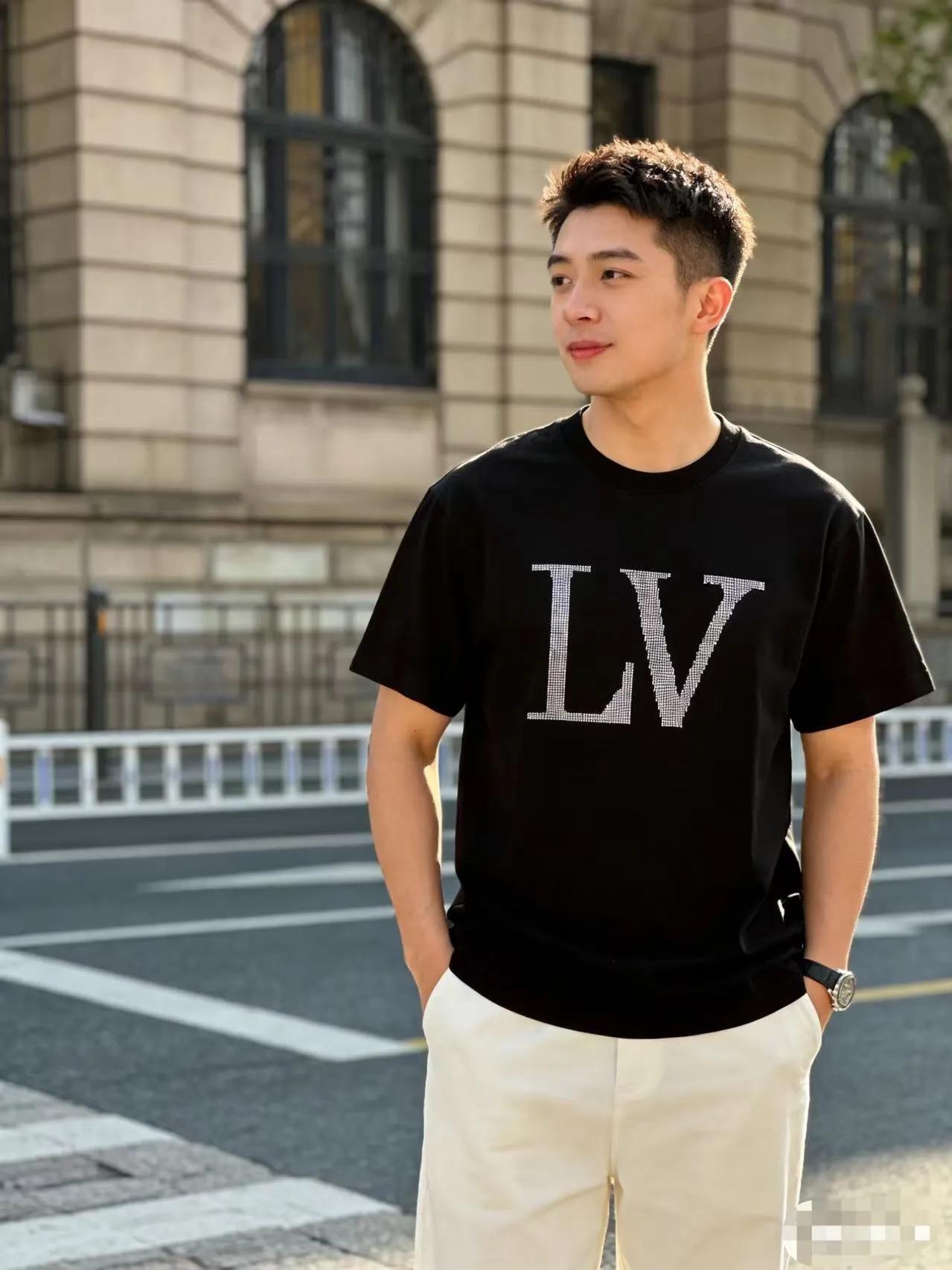 Louis Vuitton/Louis Vuitton 26ss hot diamond large letters logo short sleeves